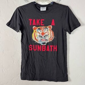 Rxmance Anthropologie Shirt Knit Top Tee Take a Sunbath Tiger Print Black
